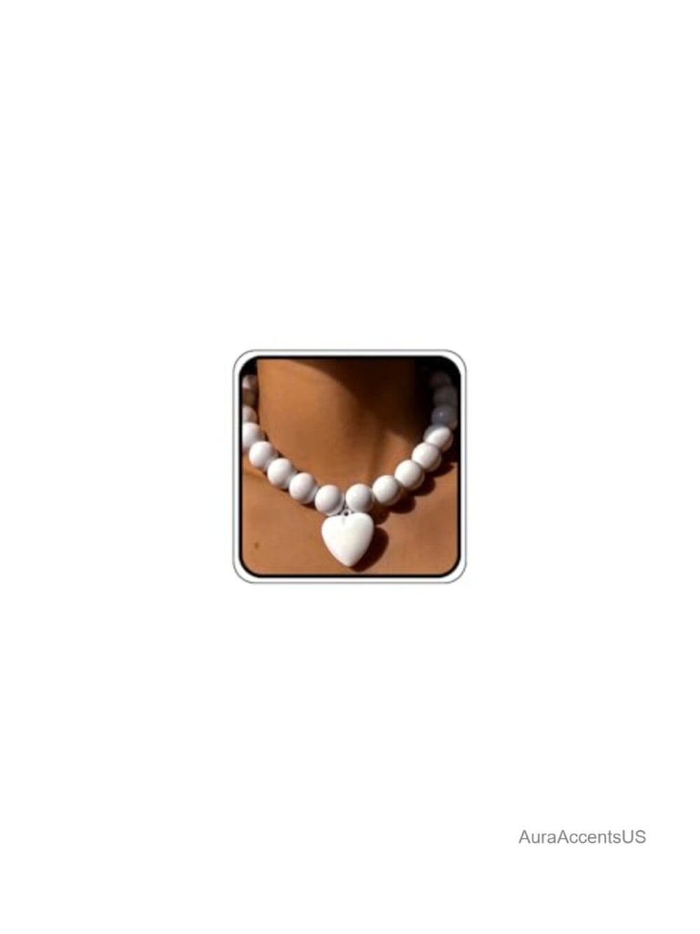 Chunky White Beaded Heart Pendant Necklace Y2K Clear Beads Bib Choker